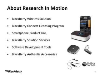 About Research In Motion BlackBerry Wireless Solution BlackBerry Connect Licensing Program Smartphone Product Line BlackBerry Solution Services Software Development Tools BlackBerry Authentic Accessories 