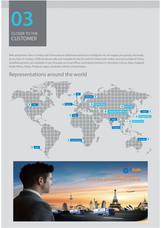 03CLOSER TO THE
CUSTOMER
With production sites in Turkey and China and an additional warehouse in Belgium we can supply you quickly and easily
at any time. In Turkey, CSUN produces cells and modules for the EU and US market with wafers sourced outside of China.
Qualiﬁed partners are available to you through our local oﬃces and representatives in Germany, France, Italy, England,
South Africa, China, Thailand, Japan, Australia and the United States.
Representations around the world
South Africa
Chile
India
Shanghai Plant
Australia
Japan
USA Turkey PlantFrance
UK
Germany
Italy
Korea Plant
Nanjing HQ & Plant
Vietnam Plant
Thailand
Your Experts for
Smart and Efficient Solar Energy
energy for today
 