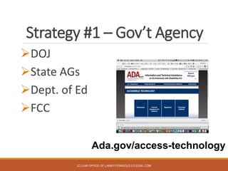Strategy #1 – Gov’t Agency
DOJ
State AGs
Dept. of Ed
FCC
(C) LAW OFFICE OF LAINEY FEINGOLD LFLEGAL.COM
Ada.gov/access-...