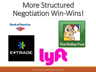More Structured
Negotiation Win-Wins!
(C) LAW OFFICE OF LAINEY FEINGOLD LFLEGAL.COM
 