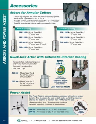 Accessories
                          Arbors for Annular Cutters
ARBORS AND POWER ASSIST


                            • Use on any magnetic drill stand, drill press or shop equipment
                              with a Morse Taper intake of No. 2, 3 or 4
                            • Available for Annular Cutter shank sizes of 3/4" or 11/4" Weldon
                            • Available for automatic internal cooling or manual cooling


                                  Manual Cooling                                             Automatic Cooling
                                     ZIA 219M – Morse Taper No. 2                                ZIA 219KN – Morse Taper No. 2
                                                3/4" arbor bore                                              3/4" arbor bore


                                     ZIA 319M – Morse Taper No. 3                                ZIA 319KN – Morse Taper No. 3
                                                3/4" arbor bore                                              3/4" arbor bore


                                     ZIA 30/75 – Morse Taper No. 3                               ZIA 30/32 – Morse Taper No. 3
                                                 3/4" arbor bore, 3" depth                                   11/4" arbor bore
                                     ZIA 419M – Morse Taper No. 4
                                                3/4" arbor bore




                          Quick-lock Arbor with Automatic Internal Cooling
                           • Keyless for fast, no-tools changeover
                                                                                          turn,
                             for 3/4" dia. shank annular cutters                         click…
                           • Automatic internal cooling
                           • Turn, click…  go!
                                                                                           GO!
                           ZSS 200 – Morse Taper No. 2
                                     for 3/4" dia. shank
                                     annular cutters                                       Keyless,
                                                                                        quick-change
                                                                                      system for annular
                           ZSS 300 – Morse Taper No. 3                                cutters saves time
                                     for 3/4" dia. shank                                 and money.
                                     annular cutters
                                                                                   Just twist and lock!


                          Power Assist
                                                   The Power Assist is a standard capstan, designed with delayed torque
                                                   transfer. This decreases the load on both cutter and drilling machine,
                                                   allowing the machine to maintain max. RPM under full load.
                                                   • Reduces drilling time • Prevents cutter breakage
                                                   • Extends lifespan of cutter/drill bit and machine

                                                   ZPA 401 – Power Assist for CSU 32 and CSU 50 series                  Power
                                                                                                                        Assist
                                                   ZPA 402 – Power Assist for CSU 80 and CSU 100/3 series              Capstan




44                                                   •     1-800-700-5919      •    Visit our Web site at www.csunitec.com
 