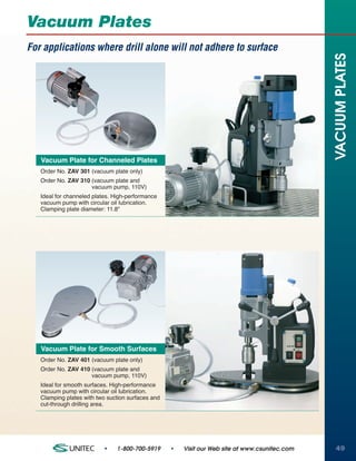 Vacuum Plates
For applications where drill alone will not adhere to surface




                                                                                                VACUUM PLATES
   Vacuum Plate for Channeled Plates
   Order No. ZAV 301 (vacuum plate only)
   Order No. ZAV 310 (vacuum plate and
                     vacuum pump, 110V)
   Ideal for channeled plates. High-performance
   vacuum pump with circular oil lubrication.
   Clamping plate diameter: 11.8"




   Vacuum Plate for Smooth Surfaces
   Order No. ZAV 401 (vacuum plate only)
   Order No. ZAV 410 (vacuum plate and
                     vacuum pump, 110V)
   Ideal for smooth surfaces. High-performance
   vacuum pump with circular oil lubrication.
   Clamping plates with two suction surfaces and
   cut-through drilling area.




                          •    1-800-700-5919      •   Visit our Web site at www.csunitec.com   49
 