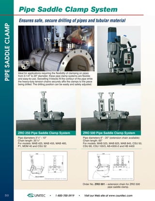 Pipe Saddle Clamp System
                    Ensures safe, secure drilling of pipes and tubular material
PIPE SADDLE CLAMP




                    Ideal for applications requiring the flexibility of clamping on pipes
                    from 3-1/4" to 20" diameter, these pipe clamp systems are flexible
                    and easy-to-use. Swivelling V-blocks fit the contour of the pipe while
                    the heavy-duty tension chains securely affix the clamps to the piece
                    being drilled. The drilling position can be easily and safely adjusted.




                    ZRO 250 Pipe Saddle Clamp System                             ZRO 500 Pipe Saddle Clamp System
                    Pipe diameters 31/4" - 10"                                   Pipe diameters 6" - 20" (extension chain available)
                    Chain length: 351/2"                                         Chain length: 65"
                    For models: MAB 425, MAB 455, MAB 485,                       For models: MAB 525, MAB 825, MAB 845, CSU 50,
                    P1, MDM 40 and CSU 32                                        CSU 80, CSU 100/3, AB-4300-2 and HB 4400




                                             Dimensions shown in mm.                                     Dimensions shown in mm.


                                                                                 Order No. ZRO 001 – extension chain for ZRO 500
                                                                                                     pipe saddle clamp.


50                                                •     1-800-700-5919       •    Visit our Web site at www.csunitec.com
 