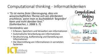 Computational thinking - Informatikdenken
• “Es ist meine feste Überzeugung, dass ein
wissenschaftliches Thema sich am allerbesten
erschliesst, wenn man es buchstäblich ‘begreifen‘
kann und nicht darüber liest.“
(Gallenbacher, J. 2008 S. 7)
• Verständnis von
• Erfassen, Speichern und Verwalten von Informationen
• Automatische Verarbeitung von Informationen
• Strukturierung, Aufbereitung und Darstellung von
Informationen
• Die Übermittlung von Informationen in vernetzten
Systemen
Kadervernetzung 2017 – Einstiegsreferat – CS Unplugged
Marcel Jent – 18.03.17
10
Quelle: http://teespring.com/computational-thinking
 