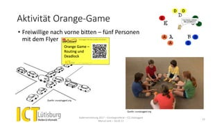 Aktivität Orange-Game
• Freiwillige nach vorne bitten – fünf Personen
mit dem Flyer
Kadervernetzung 2017 – Einstiegsreferat – CS Unplugged
Marcel Jent – 18.03.17
21
Quelle: csunplugged.org
Quelle: csunplugged.org
 