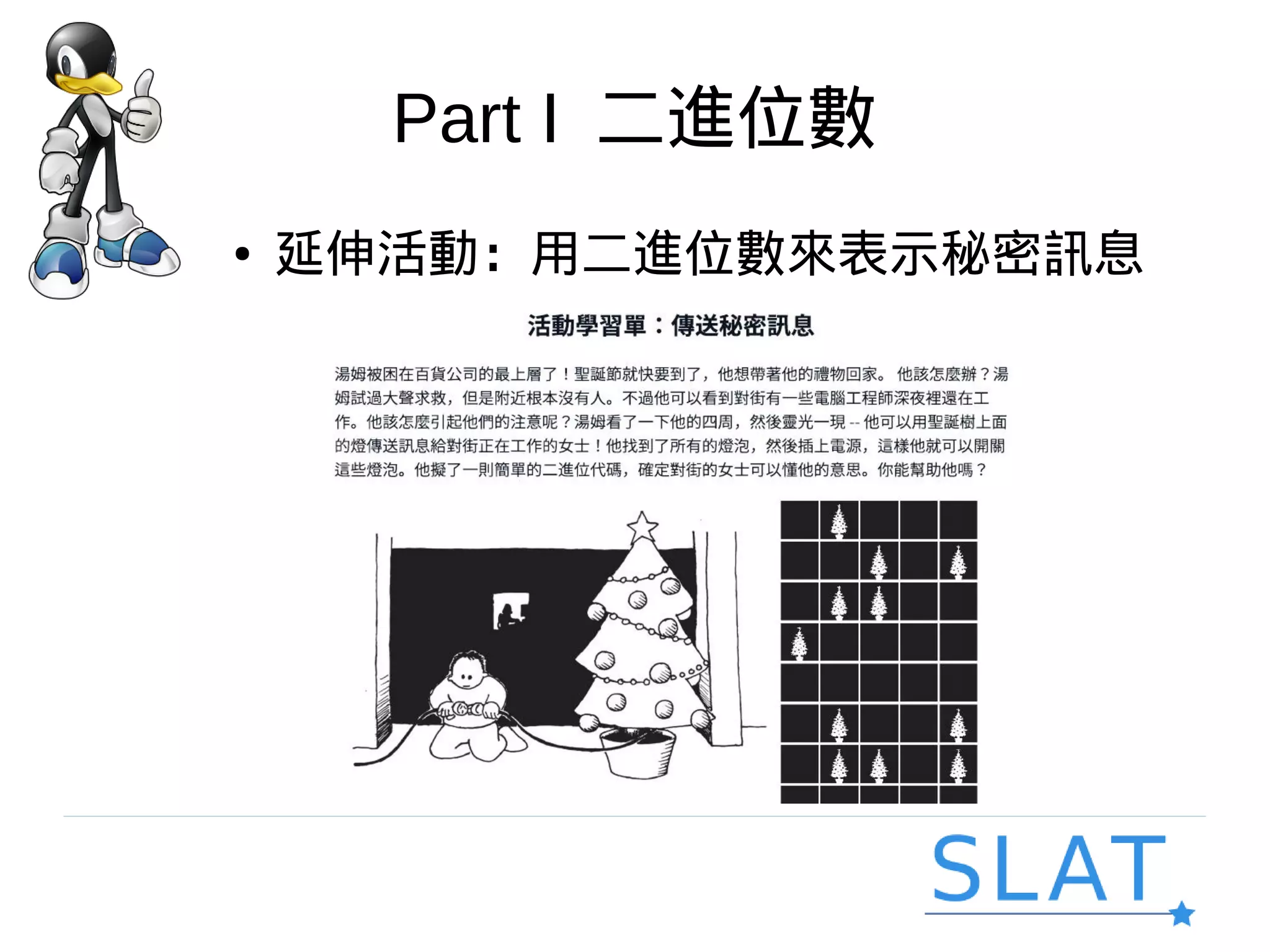 Part I 二進位數
● 延伸活動：用二進位數來表示秘密訊息
 