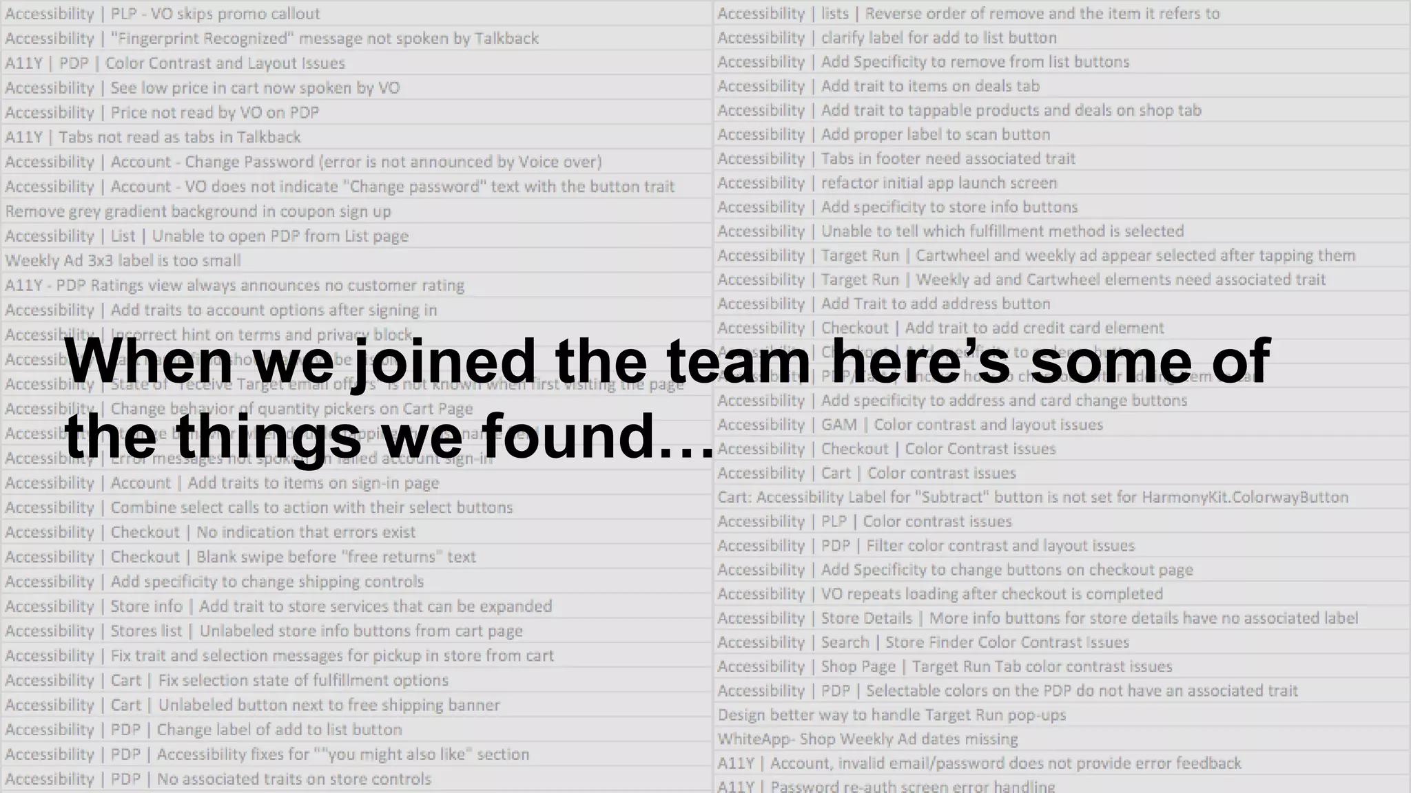 When we joined the team here’s some of
the things we found…
 