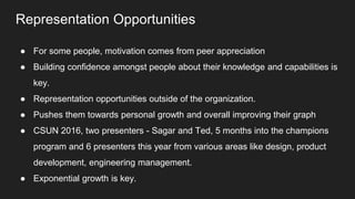 Representation Opportunities
● For some people, motivation comes from peer appreciation
● Building confidence amongst people about their knowledge and capabilities is
key.
● Representation opportunities outside of the organization.
● Pushes them towards personal growth and overall improving their graph
● CSUN 2016, two presenters - Sagar and Ted, 5 months into the champions
program and 6 presenters this year from various areas like design, product
development, engineering management.
● Exponential growth is key.
 