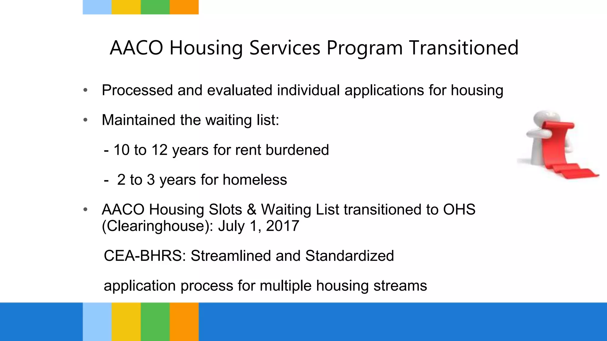 AACO Housing Services Program Transitioned
• Processed and evaluated individual applications for housing
• Maintained the waiting list:
- 10 to 12 years for rent burdened
- 2 to 3 years for homeless
• AACO Housing Slots & Waiting List transitioned to OHS
(Clearinghouse): July 1, 2017
CEA-BHRS: Streamlined and Standardized
application process for multiple housing streams
 