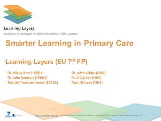 http://Learning-Layers-euhttp://Learning-Layers-eu
Learning Layers
Scaling up Technologies for Informal Learning in SME Clusters
Smarter Learning in Primary Care
Learning Layers (EU 7th FP)
1
Dr Micky Kerr (LEEDS) Dr John Bibby (NHS)
Dr John Sandars (LEEDS) Paul Carder (NHS)
Tamsin Treasure-Jones (LEEDS) Rose Dewey (NHS)
 