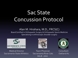 Sac State
          Concussion Protocol
                Alan M. Hirahara, M.D., FRCS(C)
       Board Certified in Orthopaedic Surgery & Orthopaedic Sports Medicine
                    Specializing in arthroscopic shoulder surgery




     Medical Director               Team Physician              Consultant
Sacramento State Athletics       Sacramento River Cats          Oakland A’s
                                      MiLB - AAA
 