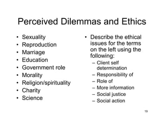 19
Perceived Dilemmas and Ethics
• Sexuality
• Reproduction
• Marriage
• Education
• Government role
• Morality
• Religion/spirituality
• Charity
• Science
• Describe the ethical
issues for the terms
on the left using the
following:
– Client self
determination
– Responsibility of
– Role of
– More information
– Social justice
– Social action
 