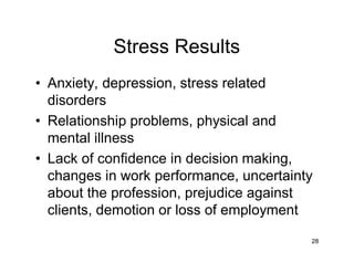 Stress Results
• Anxiety, depression, stress related
disorders
• Relationship problems, physical and
mental illness
• Lack of confidence in decision making,
changes in work performance, uncertainty
about the profession, prejudice against
clients, demotion or loss of employment
28
 