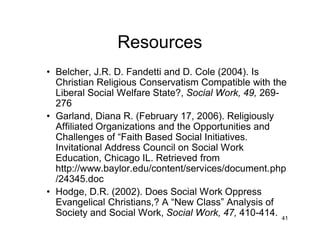 41
Resources
• Belcher, J.R. D. Fandetti and D. Cole (2004). Is
Christian Religious Conservatism Compatible with the
Liberal Social Welfare State?, Social Work, 49, 269-
276
• Garland, Diana R. (February 17, 2006). Religiously
Affiliated Organizations and the Opportunities and
Challenges of “Faith Based Social Initiatives.
Invitational Address Council on Social Work
Education, Chicago IL. Retrieved from
http://www.baylor.edu/content/services/document.php
/24345.doc
• Hodge, D.R. (2002). Does Social Work Oppress
Evangelical Christians,? A “New Class” Analysis of
Society and Social Work, Social Work, 47, 410-414.
 