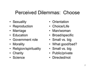 7
Perceived Dilemmas: Choose
• Sexuality
• Reproduction
• Marriage
• Education
• Government role
• Morality
• Religion/spirituality
• Charity
• Science
• Orientation
• Choice/Life
• Man/woman
• Broad/specific
• Small vs. big
• What good/bad?
• Small vs. big
• Public/private
• Directed/not
 