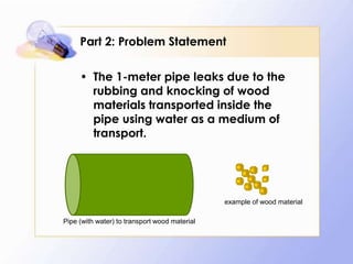 Part 2: Problem Statement

     • The 1-meter pipe leaks due to the
       rubbing and knocking of wood
       materials transported inside the
       pipe using water as a medium of
       transport.




                                               example of wood material

Pipe (with water) to transport wood material
 