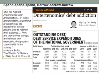 Spend-spend-spend, Borrow-borrow-borrow
“It is the highest
impertinence and
presumption… in kings
and ministers, to pretend
to watch over the
economy of private
people, and to restrain
their expense… They
are themselves always,
and without any
exception, the greatest
spendthrifts in the
society.”
— Adam Smith,
The Wealth Of Nations
(1776), Book II, Chap III
 