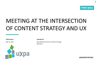 1
PREPARED BY
MEETING AT THE INTERSECTION
OF CONTENT STRATEGY AND UX
@MARSINTHESTARS
May 15, 2015
UXPA Boston
Marli Mesibov, Director of Content Strategy
Mad*Pow
 