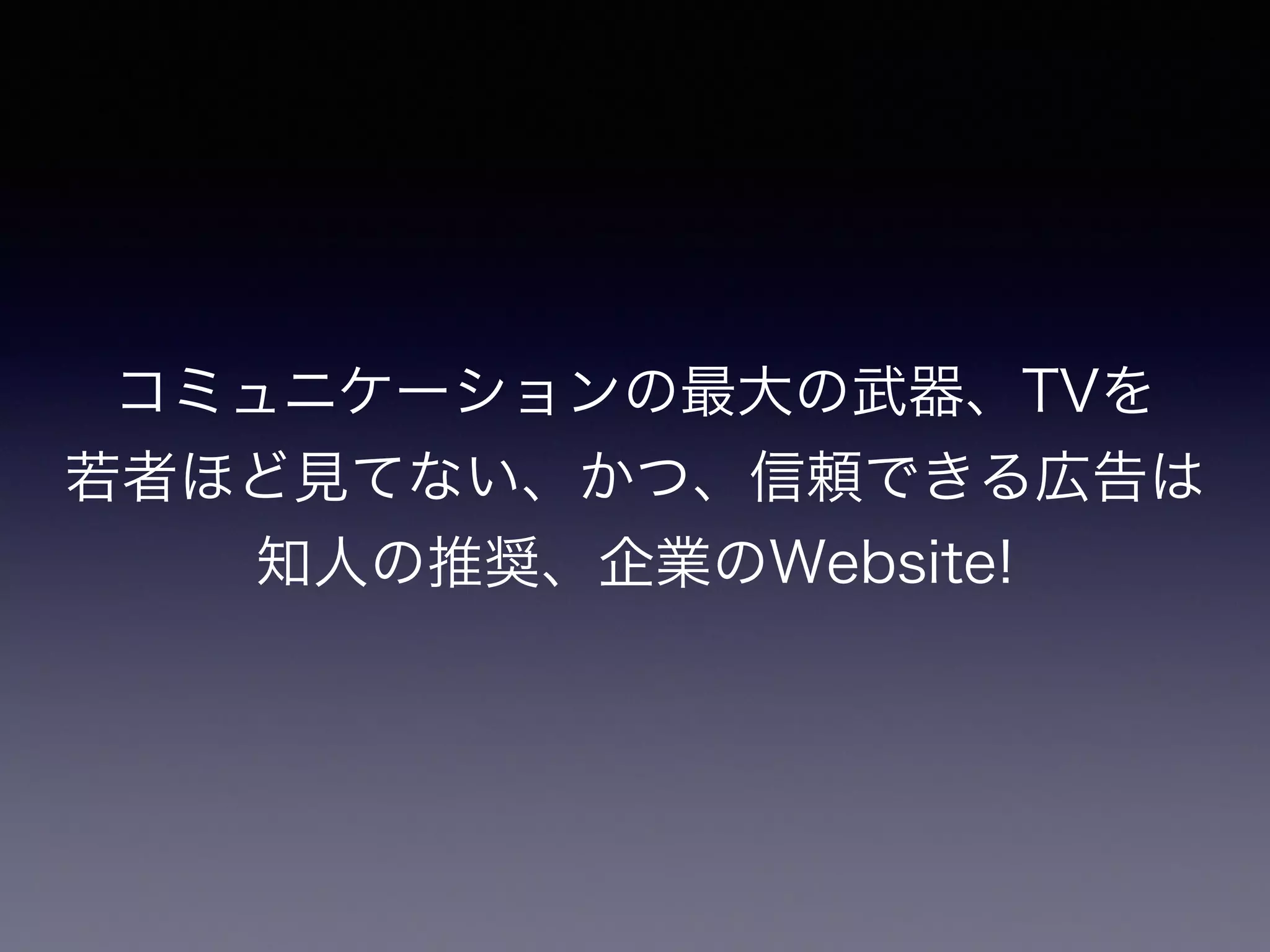 コミュニケーションの最大の武器、TVを
若者ほど見てない、かつ、信頼できる広告は
知人の推奨、企業のWebsite!
 