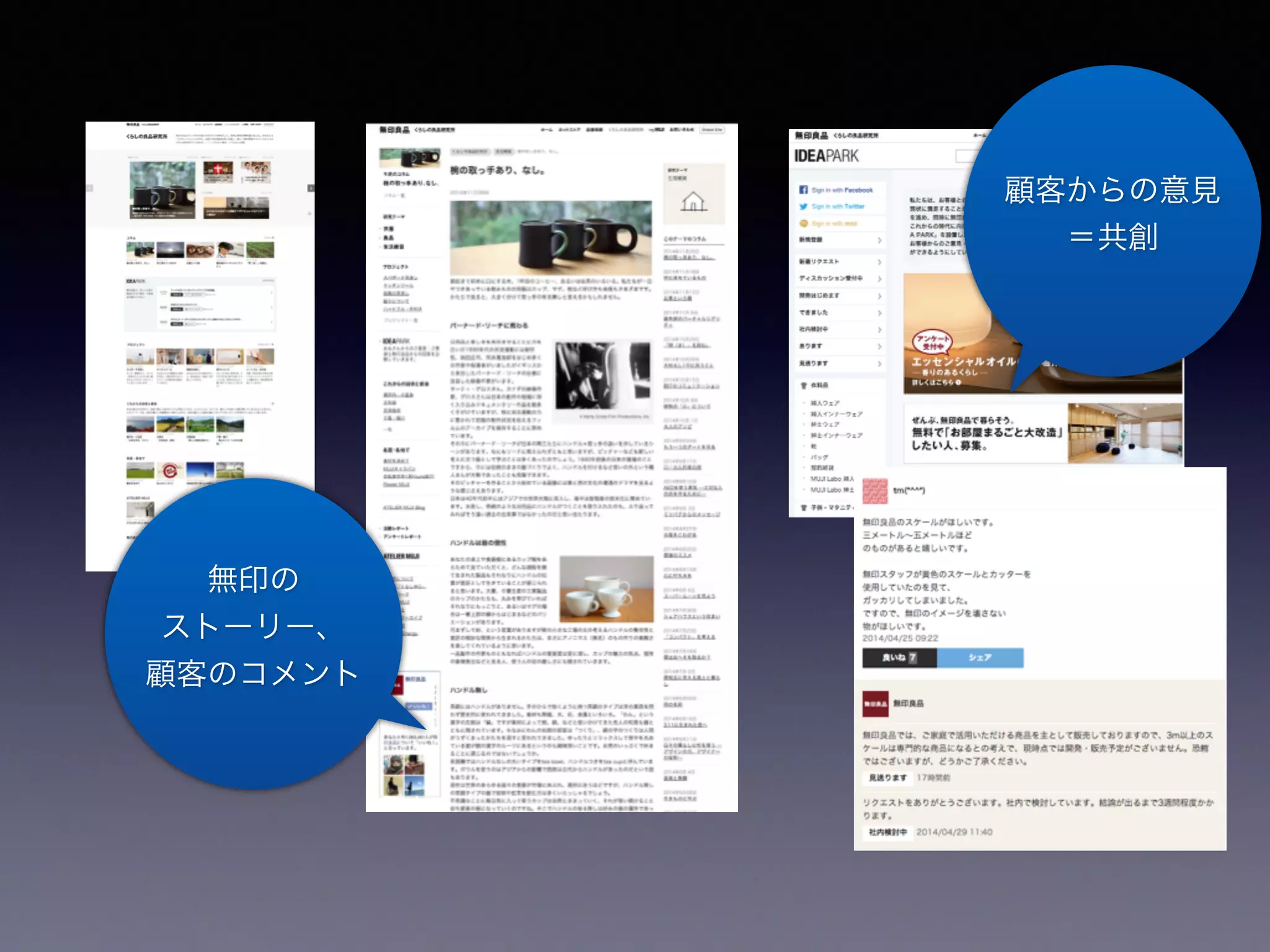 無印の
ストーリー、
顧客のコメント
顧客からの意見
＝共創
 