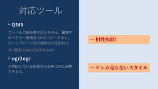 対応ツール
➢ QGIS
ファイルの読み書きはもちろん、編集中
のベクター地物をCtrl+Cコピーすると、
クリップボード内で保持される形式は
タブ区切りGeoCSVそのもの!
➢ ogr2ogr
が対応している形式なら自在に相互変換
できます。
→ 相性抜群!
→ ケンカ売らないスタイル
 