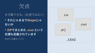 欠点
を付属できる。(必須ではない)
➢ それじゃまるでShapeじゃ
ないか
➢ ZIPでまとめた .csvz という
仕様も定義されています
あまり出番ないけど
.csv
.csvt
.prj
.csvz
 