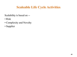 Scaleable Life Cycle Activities
Scalability is based on --
• Risk
• Complexity and Novelty
• Supplier
49
 