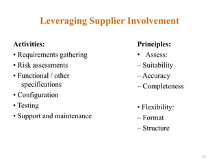 Leveraging Supplier Involvement
Activities:
• Requirements gathering
• Risk assessments
• Functional / other
specifications
• Configuration
• Testing
• Support and maintenance
Principles:
• Assess:
– Suitability
– Accuracy
– Completeness
• Flexibility:
– Format
– Structure
51
 