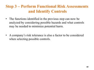 Step 3 – Perform Functional Risk Assessments
and Identify Controls
• The functions identified in the previous step can now be
analyzed by considering possible hazards and what controls
may be needed to minimize potential harm.
• A company’s risk tolerance is also a factor to be considered
when selecting possible controls.
68
 