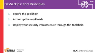 #RSAC
DevSecOps: Core Principles
1. Secure the toolchain
2. Armor up the workloads
3. Deploy your security infrastructure through the toolchain
 