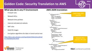 #RSAC
What you do in any IT Environment
• Firewall rules
• Network ACLs
• Network time pointers
• Internal and external subnets
• NAT rules
• Gold OS images
• Encryption algorithms for data in transit and at rest
http://docs.aws.amazon.com/quickstart/latest/accelerat
or-nist/welcome.html
Golden Code: Security Translation to AWS
AWS JSON translation
Gold Image, NTP
and NAT
Network ACLs,
Subnets, FW rules
 