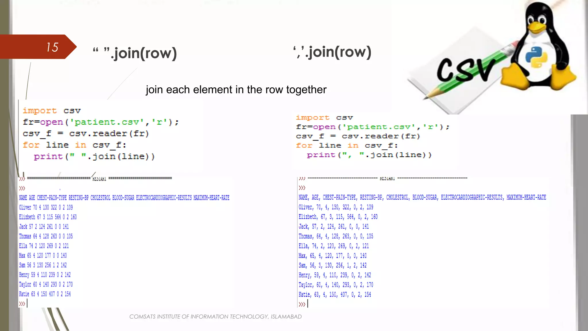 “ ”.join(row) ‘,’.join(row)
join each element in the row together
COMSATS INSTITUTE OF INFORMATION TECHNOLOGY, ISLAMABAD
15
 