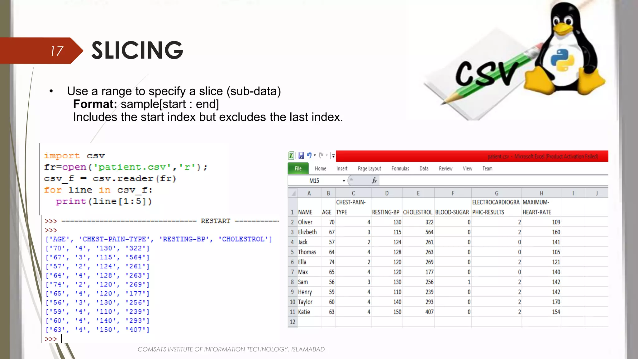 SLICING
• Use a range to specify a slice (sub-data)
Format: sample[start : end]
Includes the start index but excludes the last index.
COMSATS INSTITUTE OF INFORMATION TECHNOLOGY, ISLAMABAD
17
 