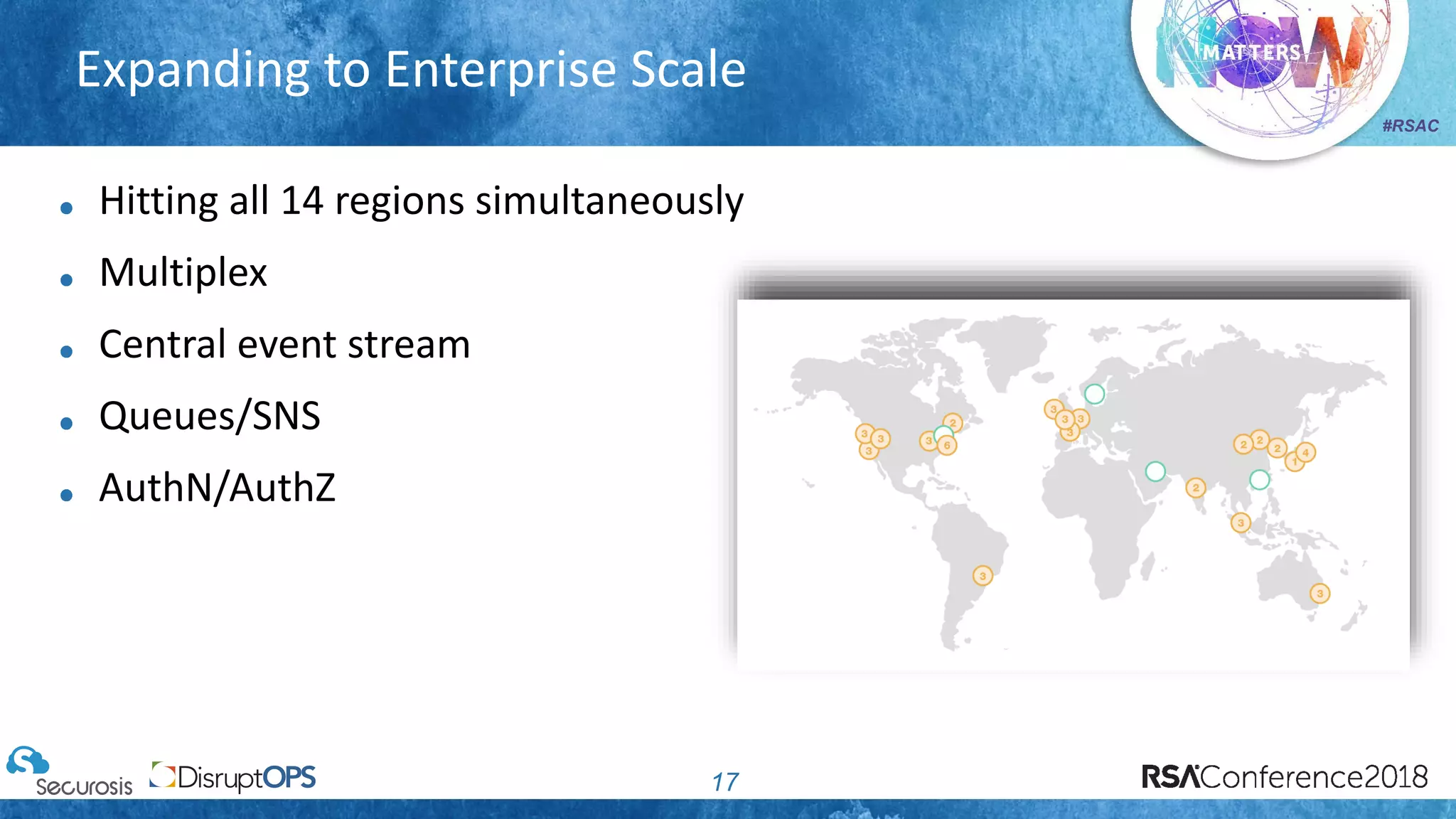#RSAC
Expanding to Enterprise Scale
17
Hitting all 14 regions simultaneously
Multiplex
Central event stream
Queues/SNS
AuthN/AuthZ
 