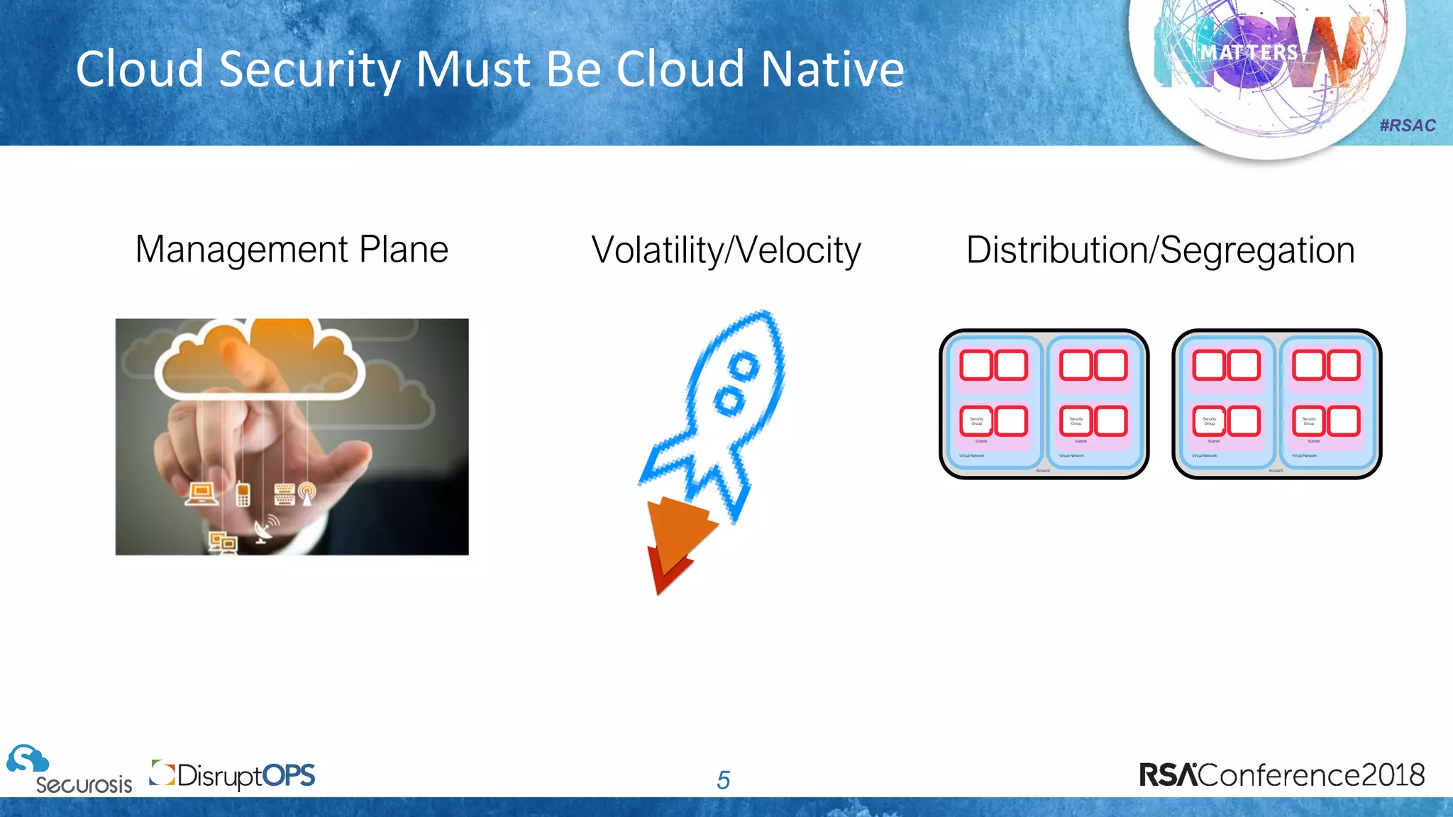 #RSAC
Cloud Security Must Be Cloud Native
5
Management Plane Volatility/Velocity Distribution/Segregation
Account
Virtual Network
Subnet
Security
Group
Virtual Network
Subnet
Security
Group
Account
Virtual Network
Subnet
Security
Group
Virtual Network
Subnet
Security
Group
 