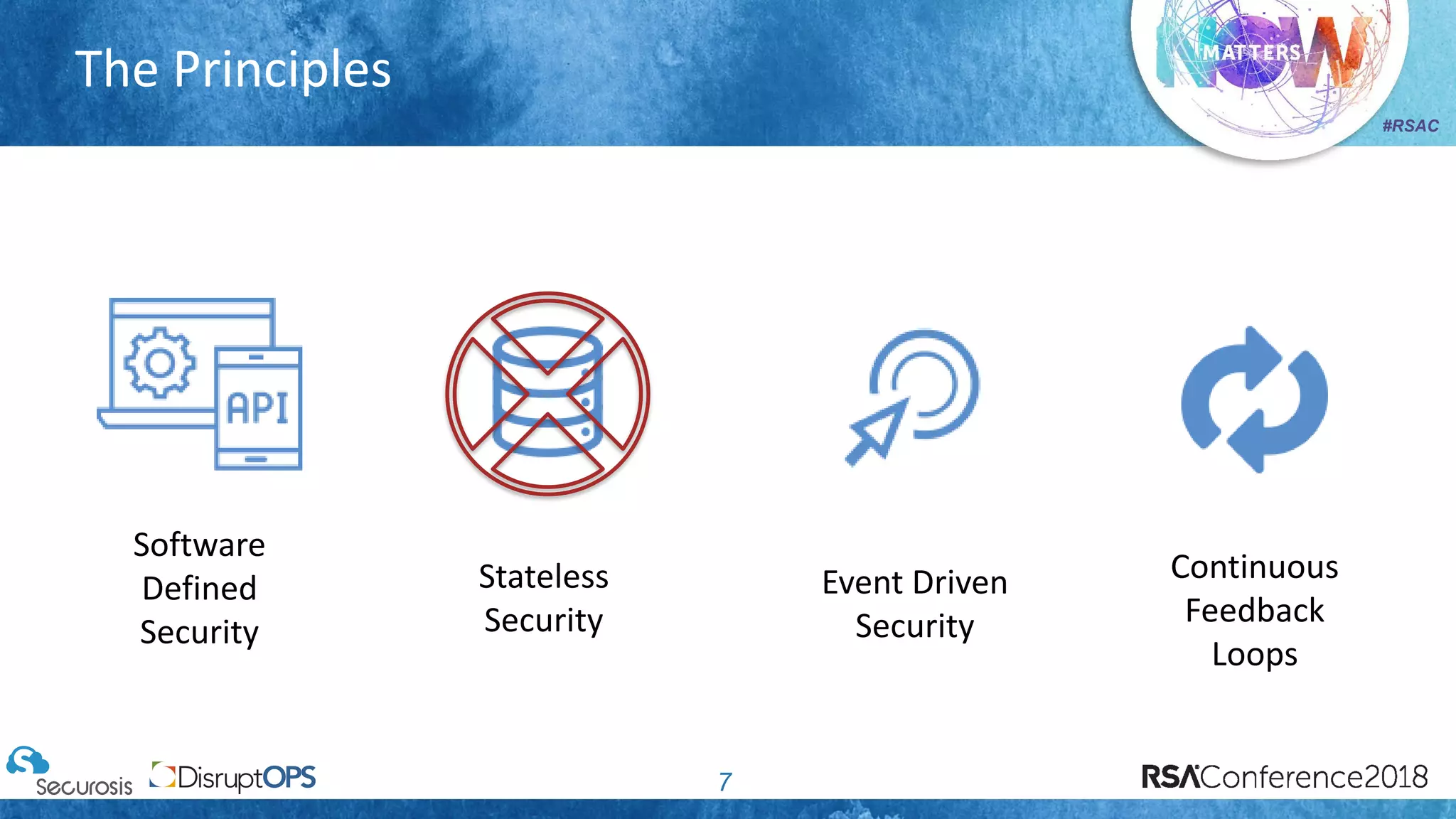 #RSAC
The Principles
7
Software
Defined
Security
Stateless
Security
Event Driven
Security
Continuous
Feedback
Loops
 
