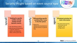 #RSAC
Security insight based on event source type
10
syscall
Looking for specific
outliers among
mostly normal
dynamic events.
• Like identifying outliers
• Monitoring constantly for
a specific malicious
system call along with
other criteria (uid, etc)
inotify
Safe-guarding specific
sensitive files / area
in the file system
• Watch for
CREATE/ACCESS/MODIFY/
DELETE events on specific
files
agent
Scheduled activities for
static information
• OS patch level queries,
vulnerable kernel
modules, mis-
configuration
 