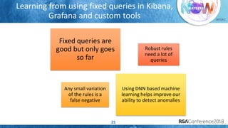 #RSAC
Learning from using fixed queries in Kibana,
Grafana and custom tools
25
Robust rules
need a lot of
queries
Fixed queries are
good but only goes
so far
Any small variation
of the rules is a
false negative
Using DNN based machine
learning helps improve our
ability to detect anomalies
 