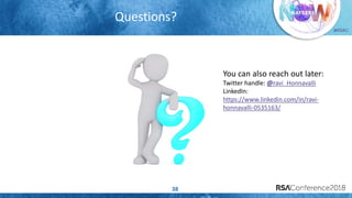 #RSAC
Questions?
38
You can also reach out later:
Twitter handle: @ravi_Honnavalli
LinkedIn:
https://www.linkedin.com/in/ravi-
honnavalli-0535163/
 
