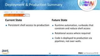 # R S A C
Deployment & Production Summary
33
Current State
Persistent shell access to production
Future State
Runtime automation, runbooks that
constrain and reduce shell access
Rotational access where required
Code is deployed to production via
pipelines, not over walls.
SOURCE CONTROL BUILD TESTING PRODUCTION
 