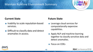 # R S A C
Maintain Runtime Environment Summary
40
Current State
Inability to scale reputation-based
services.
Difficult to classify data and detect
anomalies in access.
Future State
Leverage cloud services for
computationally expensive
capabilities.
Apply NLP and machine-learning
together to classify sensitive data and
detect anomalies.
Focus on COEs
 