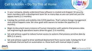 # R S A C
Call to Action – Do Try This at Home
45
In your company, deeply understand how software is created and shipped. Sit security
team members with a development team for as many days as you can (and not just the
appsec team) (1-2 months).
Catalog the controls and visibility into CI/CD pipelines. That’s where change management
and control happens now. Set clear goals with owners to harden the pipeline (1-3
months).
Begin to document every instance of human interaction with systems that process data.
Let engineering & operations teams drive this goal. (1-6 months).
Set and achieve a goal to reduce human access to systems that process sensitive data by
80% (1-2 years).
Set and achieve a goal to drive workload deployment from source code. Catalog the % of
workloads that are built on automation vs. those built with manual steps (1 year).
 