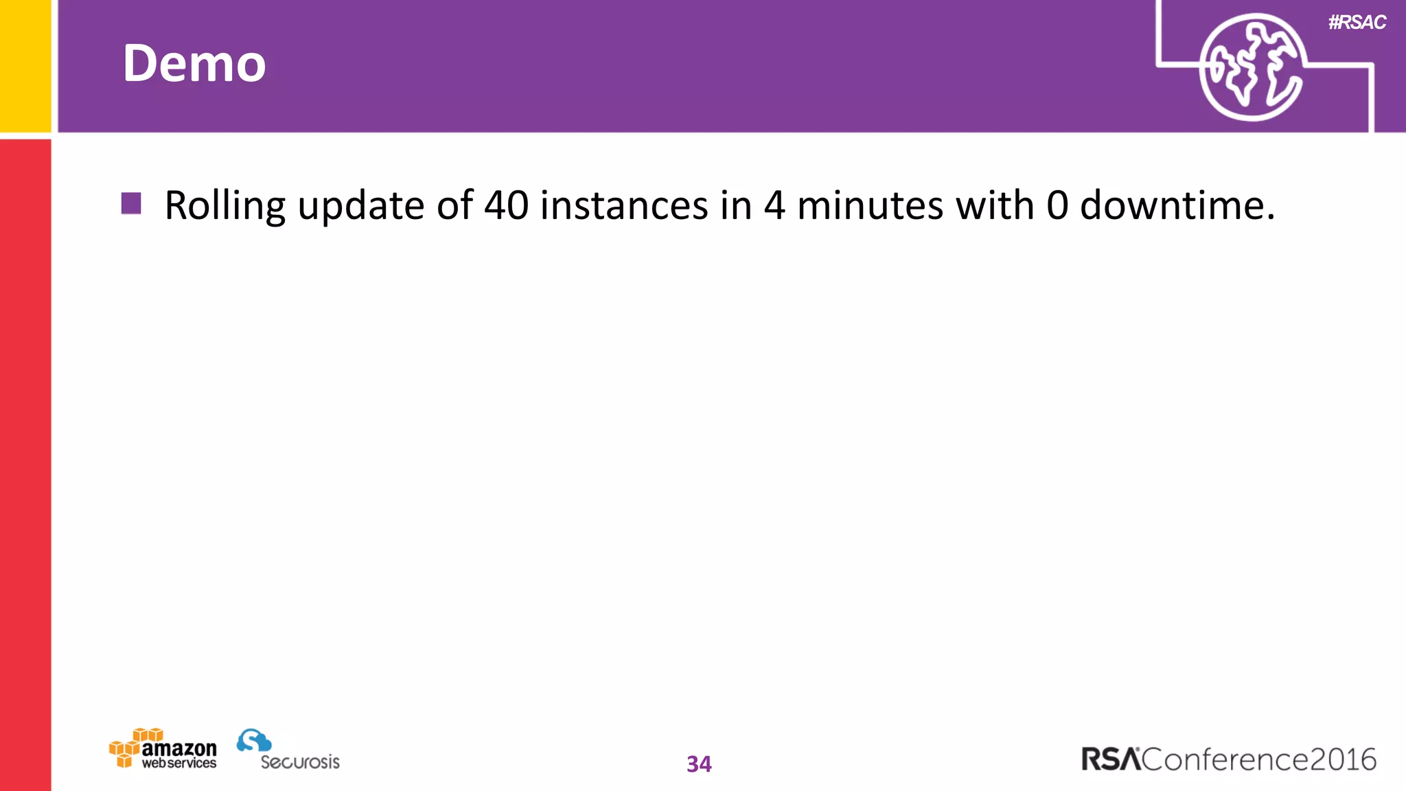#RSAC
Demo
34
Rolling update of 40 instances in 4 minutes with 0 downtime.
 