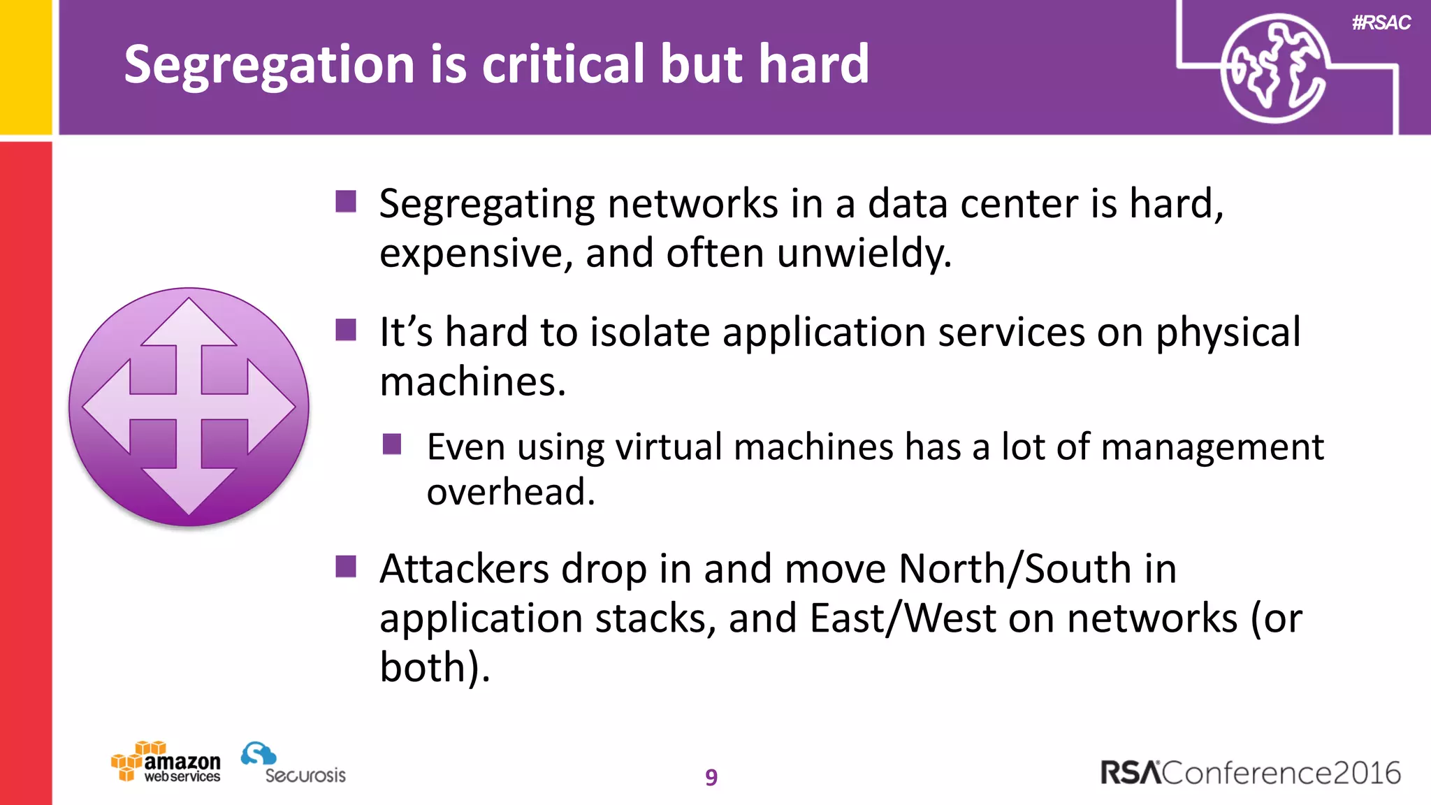 #RSAC
Segregation is critical but hard
9
Segregating networks in a data center is hard,
expensive, and often unwieldy.
It’s hard to isolate application services on physical
machines.
Even using virtual machines has a lot of management
overhead.
Attackers drop in and move North/South in
application stacks, and East/West on networks (or
both).
 