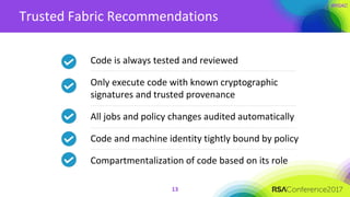 Trusted Fabric Recommendations
Code is always tested and reviewed
Only execute code with known cryptographic
signatures and trusted provenance
All jobs and policy changes audited automatically
Code and machine identity tightly bound by policy
Compartmentalization of code based on its role
13
 
