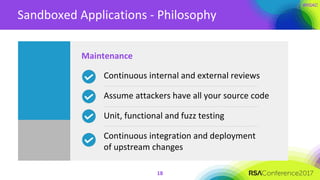 Sandboxed Applications - Philosophy
18
Continuous internal and external reviews
Assume attackers have all your source code
Unit, functional and fuzz testing
Continuous integration and deployment
of upstream changes
Maintenance
 