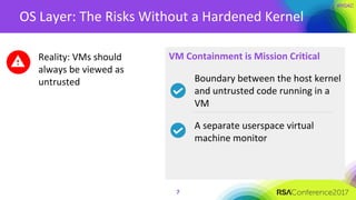 OS Layer: The Risks Without a Hardened Kernel
Reality: VMs should
always be viewed as
untrusted
7
VM Containment is Mission Critical
Boundary between the host kernel
and untrusted code running in a
VM
A separate userspace virtual
machine monitor
 