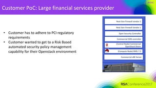 #RSAC
Customer	PoC:	Large	financial	services	provider
Commercial	x86	Server
Commercial	SDN	controller
(Compute	Node)	RHEL	7.2
(Control	Node)	Commercial	
OpenStack	Distro
Open	Security	Controller
Next	Gen	Firewall	Vendor	1
Next	Gen	Firewall	vendor	2	
• Customer	has	to	adhere	to	PCI	regulatory	
requirements
• Customer	wanted	to	get	to	a	Risk	Based	
automated	security	policy	management	
capability	for	their	Openstack	environment
 