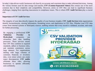 CSV Audit Services Ensuring Accurate Data Management in Hyderabad | PDF