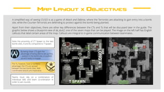 Map Layout x Objectives
A simplified way of seeing CS:GO is as a game of Attack and Defense, where the Terrorists are attacking to gain entry into a bomb
site, while the Counter-Terrorists are defending to protect against the bomb being planted.
Apart from their objectives, there are other key differences between the CTs and Ts that will be discussed later in the guide. The
graphic below shows a blueprint-view of de_dust2, one of the seven maps that can be played. The image on the left half has English
callouts that label certain areas of the map. Callouts are integral to in-game communication between teammates.
Teams must rely on a combination of
individual skill, and team co-ordination in
order to win rounds.
Note the proximity of CT Spawn to the two
bomb sites, A and B, compared to T Spawn.
By being closer, CTs gain the
advantage of being able to set-up first,
– patient in the bomb site, or pushed
up and ready to engage.
The Ts, however, have a numbers
advantage: the CTs are spread
between the two bomb sites. Well
coordinated attacks are imperative.
 
